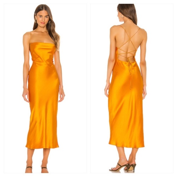 BEC + BRIDGE seraphine dress tangerine satin cowl neck lace up open back midi 8